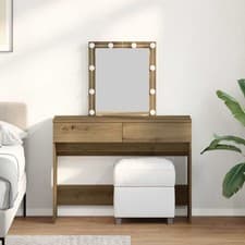 Image of Modern Wooden Dressing Table Makeup Vanity Desk Table With Drawers LED Mirror