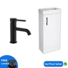 Image of Gloss White 400 mm Vanity Basin Sink Unit, Matt Black Tap & Black Handle