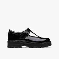 Image of Clarks Girls Prague Brill Older Black Patent T Bar Shoes,School Shoes Leather