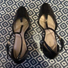 Image of Ladies Dune Black Leather Heels Shoes Size 5 with Metallic Gold Accents Rare