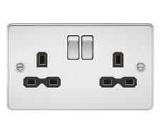Image of Flat plate 13A 2G DP switched socket - polished chrome with black insert