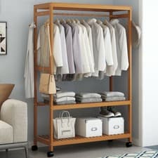 Image of 3 Tier Clothes Rack Heavy Duty Wood Garment Shelves Rolling Wheels Side Hooks