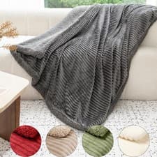 Image of Sherpa Fleece Throw Blanket Ribbed Soft Warm Cosy Sofa Bed Reversible 130x160cm