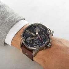 Image of NEW DIESEL MENS WATCH DZ7314 57MM XL LEATHER BROWN STRAP NAVY BLUE DIAL GENUINE