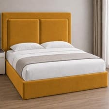 Image of Square Border Bed Plush Velvet Upholstered Ottoman Storage Bed Frame Headboard