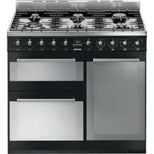 Image of Smeg SY93BL 90cm Dual Fuel Range Cooker Black 3 Oven 6 Burner Fan Oven A Rated