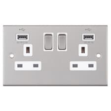Image of 2 Gang 13 Amp Switched Socket with 2 USB Charging Ports Satin Chrome White
