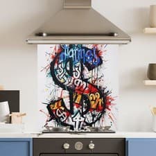 Image of Premium Various Sizes Grafitti Dollar 6mm Glass Toughened Kitchen Splashback
