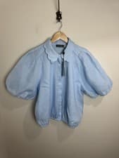Image of Mint Velvet Blue Ramie Scallop Puff Sleeve Shirt Summer Size Large New