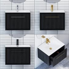 Image of 600mm Bathroom Wall Hung Vanity Black Woodgrain 1 Drawer Storage Ceramic Basin