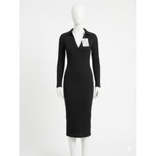 Image of Free People Beach Black Ribbed Midi Dress Long Sleeve Polo V-Neck OB1140627 XS