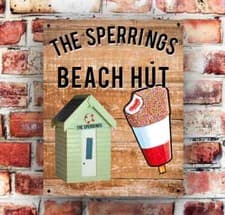 Image of Personalised Beach Hut Sign Pre Drilled Ready To Hang High Gloss Wall Plaque