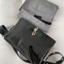 Image of AllSaints Sheringham Shoulder Bag Premium Leather Black Gold Glossy Finnish