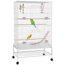 Image of PawHut Bird Cage with Stand, Wheels, Toys, for Budgies, Finches, White