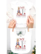 Image of Personalised 1st Baby Girls Boys Bodysuit First Christmas Set Peter Rabbit Gifts