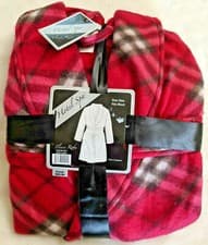 Image of New! Hotel Spa Collection Bath ROBE Fleece Red/Black/White Plaid Print OSFM