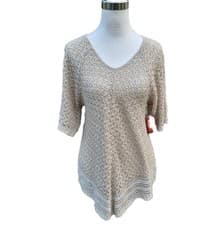Image of Crochet Sweater V Neck Faded Glory Beige Open Knit Womens M Vtg NWT