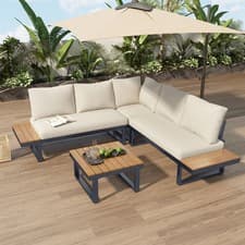 Image of 4-5 Seater Outdoor Garden Furniture Modular Lounge Sofa Set with Beige Cushions