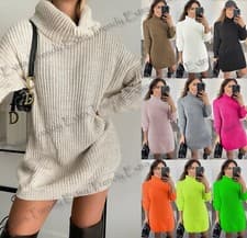 Image of Women Chunky Knitted High Polo Roll Neck Baggy Oversized Winter Jumper Dress Top