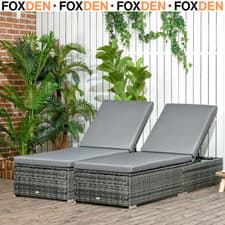 Image of Set of 2 Rattan Sun Loungers with Cushions 5 Position Recliner Garden Sunbeds
