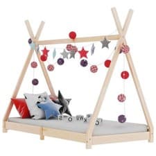 Image of Naural Solid Pine Wood Kids Bed Frame Toddler Childrens Teepee Style House