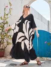 Image of Elegant Black & White Abstract Print Maxi Kaftan Dress – Flowy Boho Summer Beach