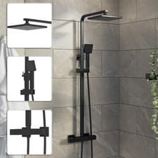 Image of Bathroom Mixer Shower Thermostatic Dual Head Square Rainfall Handset Matte Black