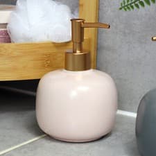 Image of Bubble Soap Dispenser Pastel Light Pink Gold Pump Ceramic Bathroom Lotion Bottle