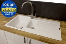 Image of Reginox Harlem15 Kitchen Sink 1.5 Bowl Sink Pure White Granite Reversible Waste