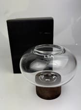 Image of LSA Oblate Glass Vase With Walnut Base H13.5cm Clear - Boxed
