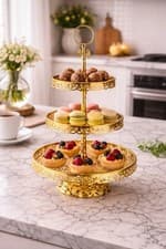 Image of 3 Tier Gold Dessert Stand Glass Plates Cupcake Fruit Display Tray Wedding Party