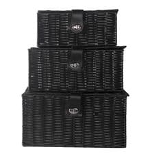 Image of Storage Baskets Set of 3 Lid & Lock Organisation Boxes in Black Resin Woven M&W