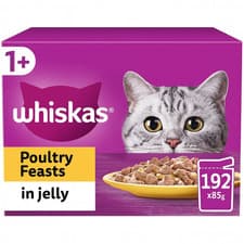 Image of 192 x 85g Whiskas 1+ Poultry Feasts in Jelly Mixed Adult Wet Cat Food Saver Pack