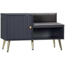 Image of HOMCOM Upholstered Entryway Shoe Bench with Storage Cabinet Open Shelf Grey