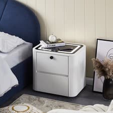 Image of LED Bedside Table Wireless Charging Side Cabinet Nightstand with 2 Drawers White
