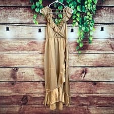 Image of Show Me Your Mumu Wedding Samantha Ruffle Wrap Dress Medium Gold Bridesmaid Midi