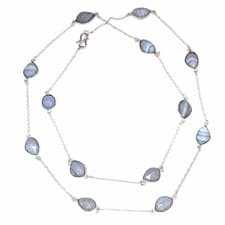 Image of Necklace Blue Lace Agate Feceted Gemstone Handmade Jewelry 36''