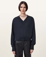 Image of AllSaints Women's Jumper Blue Wool V-Neck Tight-Knit Relaxed Fit Size UK XS