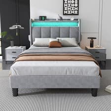 Image of Upholstered Bed Frame Velvet Single Size Bed 3ft with LED Storage Headboard Grey