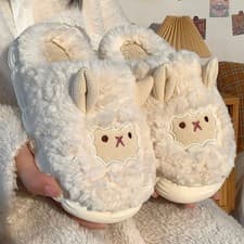 Image of Winter Cartoon Plush Slippers Warm Fluffy Faux Fur Sheep Design Indoor Home Coup