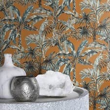 Image of Rasch Tropical Banana Palm Leaves Wallpaper Jungle Leaf Vinyl Blue Brown 485264