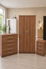 Image of Ready Assembled 3 Piece Bedroom Furniture Set Wardrobe Chest & Bedside Walnut UK