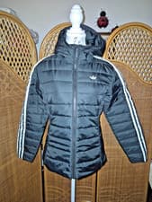Image of Adidas Originals Women’s Puffer Jacket XS – Black Hooded Coat – 3-Stripes – NEW