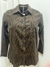 Image of Denim & Co Black Brown Medium Zebra Print Faux Suede Button Shirt Shacket