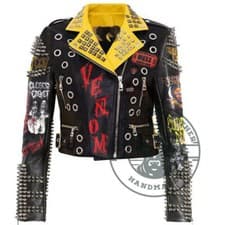 Image of Women's Biker's Silver Spiked Studded, Tombstone Patches Brando Leather Jacket