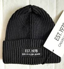 Image of CALVIN KLEIN JEANS Chunky BLACK Wool Ribbed BEANIE Toque Hat TAG ITALY MADE