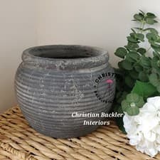 Image of Large Rustic Ceramic Plant Pot Vase Aged Stone Look Amalfi Grey Ribbed Pot