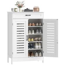 Image of HOMCOM Modern Shoe Storage Cabinet with Louvered Doors and Drawer, White