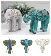 Image of Wooden Decorative Wood Hand Carved Elephant White Gold Turquoise Ornament