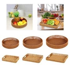 Image of Wicker Storage Basket Home Decor Flat Portable Bread Fruit Woven Container
